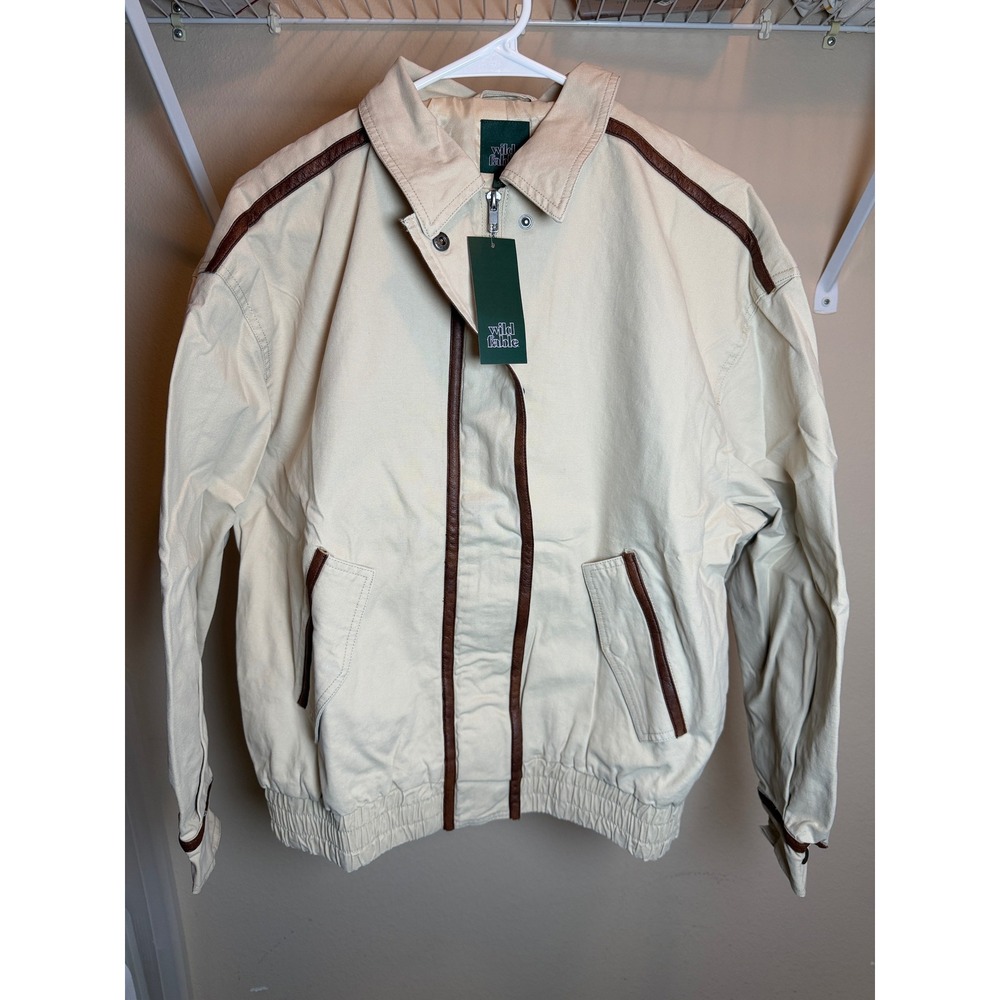 Wild Fable Cream Cotton Canvas Bomber Jacket Brown Faux Leather Trim NWT Size L